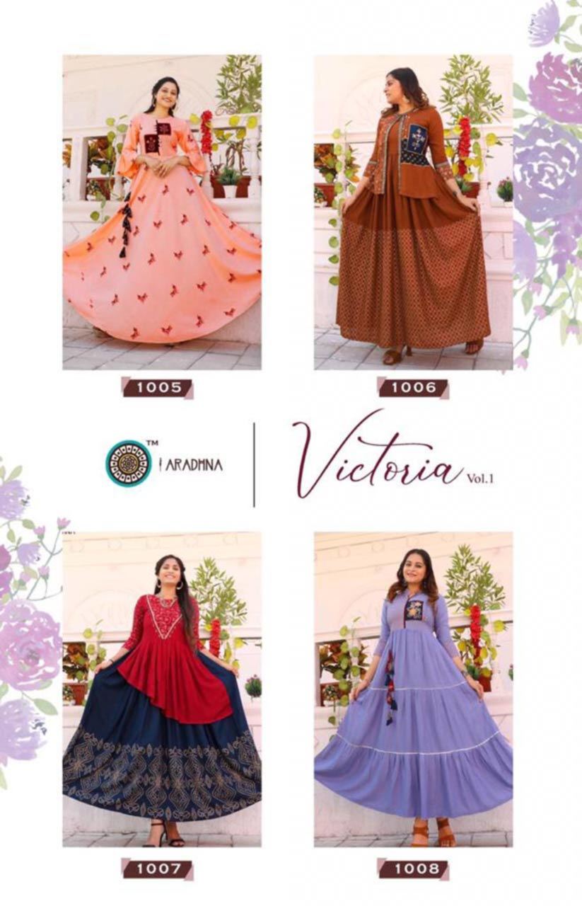 Victoria Vol 1 - Heavy Rayon Print Kurti Catalog, 3-4th Sleeve, Manual Hand Work, Ethnic & Party Wear