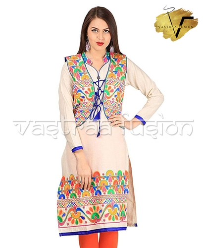 Ladies Embroidery Work With Matching Jacket Kurti - Cotton Blended Jute, Sizes 36 to 50 Inches, Available in 25 Vibrant Colors, Regular Fit, Washable for All Seasons