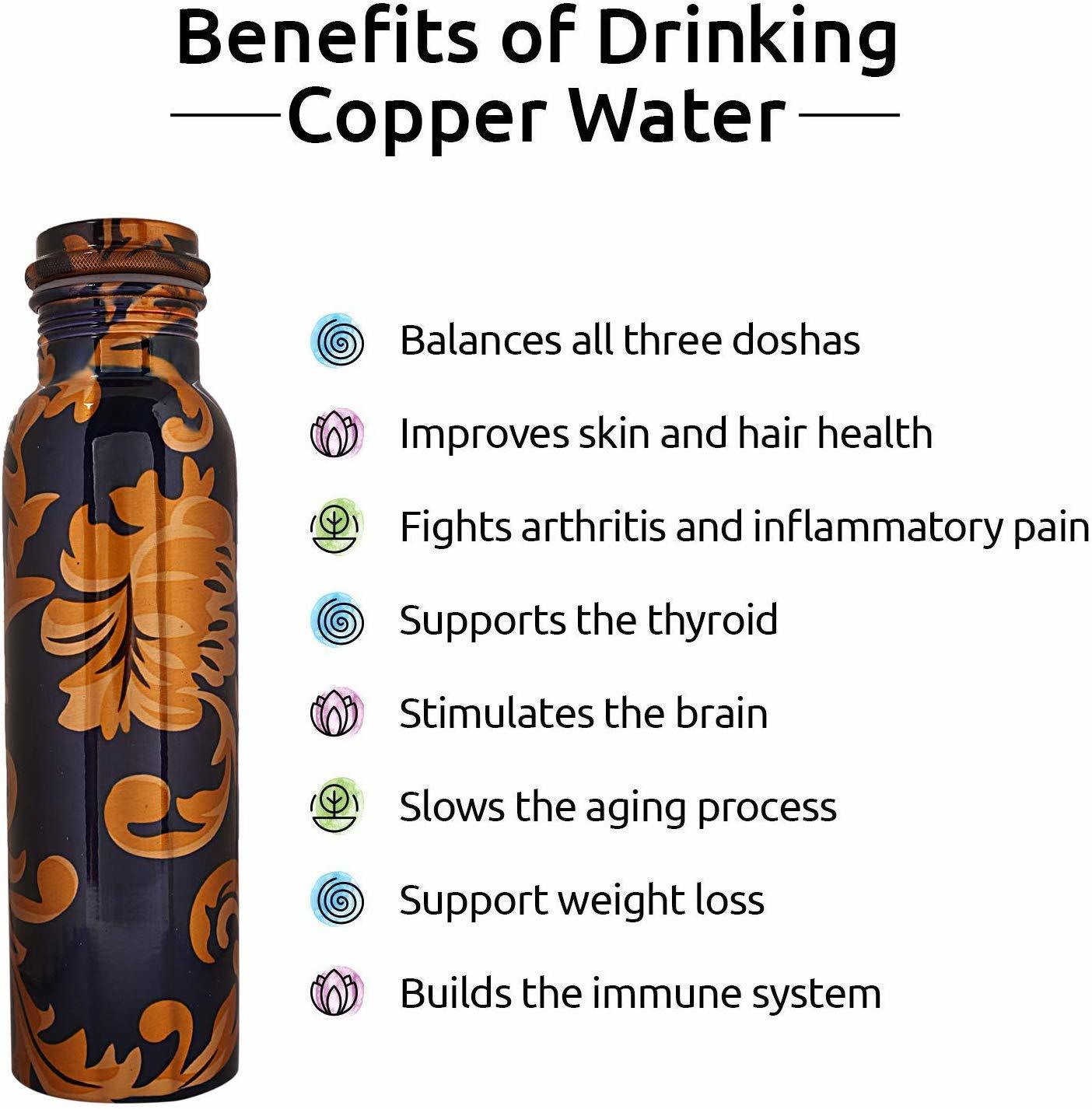 Pure Copper Printed Water Bottle - 1 Litre, Multi-color, 950 Ml Capacity | Factory Made, Leak Proof, Jointless, Seamless, Classical & Modern Design