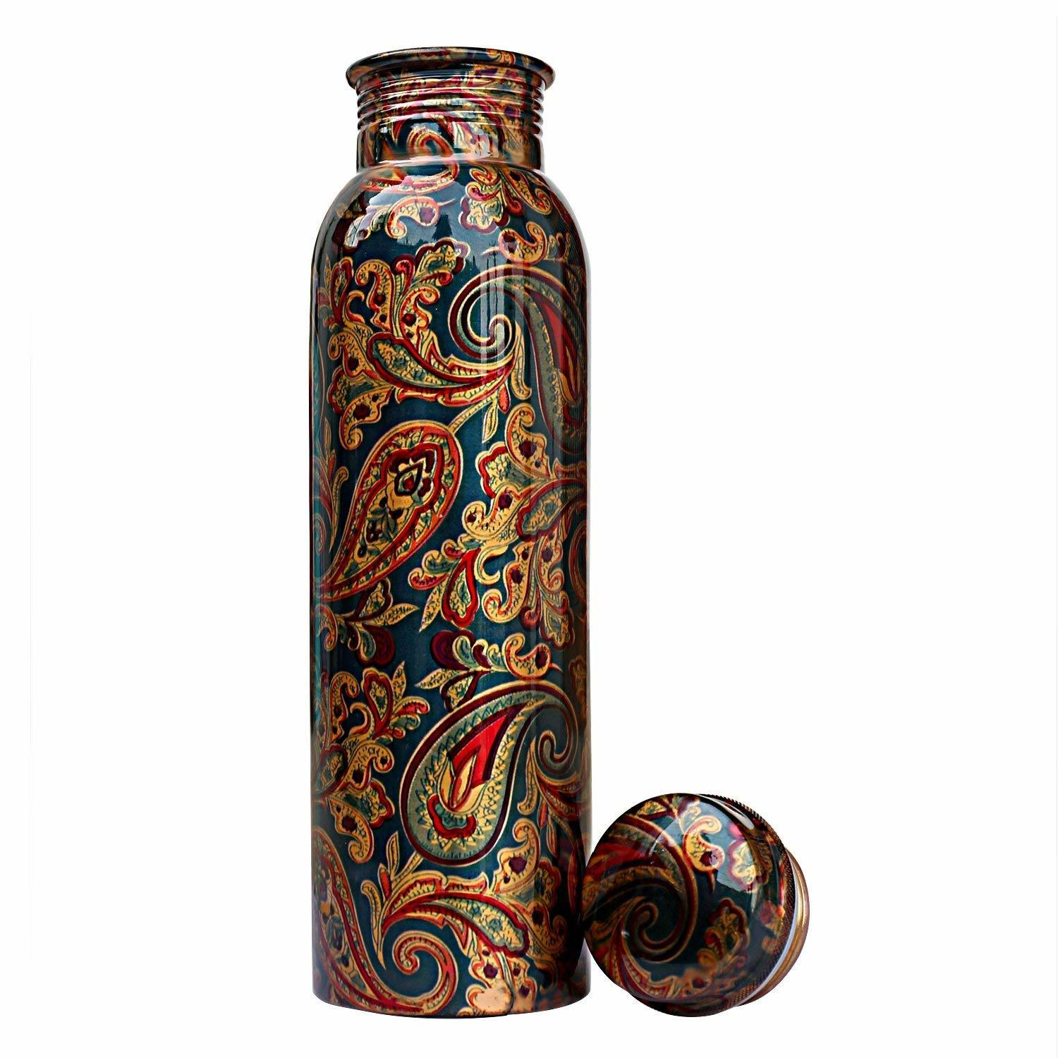Pure Copper Printed Water Bottle - 1 Litre, Multi-color, 950 Ml Capacity | Factory Made, Leak Proof, Jointless, Seamless, Classical & Modern Design