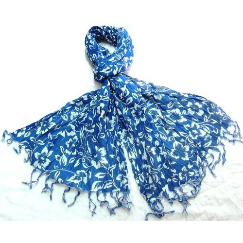 Blue Floral Print Cotton Printed Scarves - Scarf Length: Short