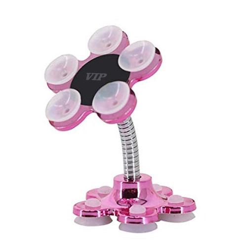 360 Rotatable Flower Shape Cellphone Holder Car And Mount Sucker Stand (Multicolored) - Stainless Steel Body, Pink Color | Warranty Included