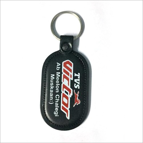 Laminated Customized Printed Keychain - PU Material, Oval Shape, Black Color | Promotional Use with Stylish Printed Pattern