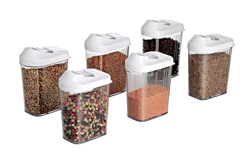 096 Plastic Easy Flow Storage Jar with Lid (750ml Set of 6) - Transparent Plastic, 100% Air Tight | Multi-Use Home Organizer for Food, Crafts, Office Supplies