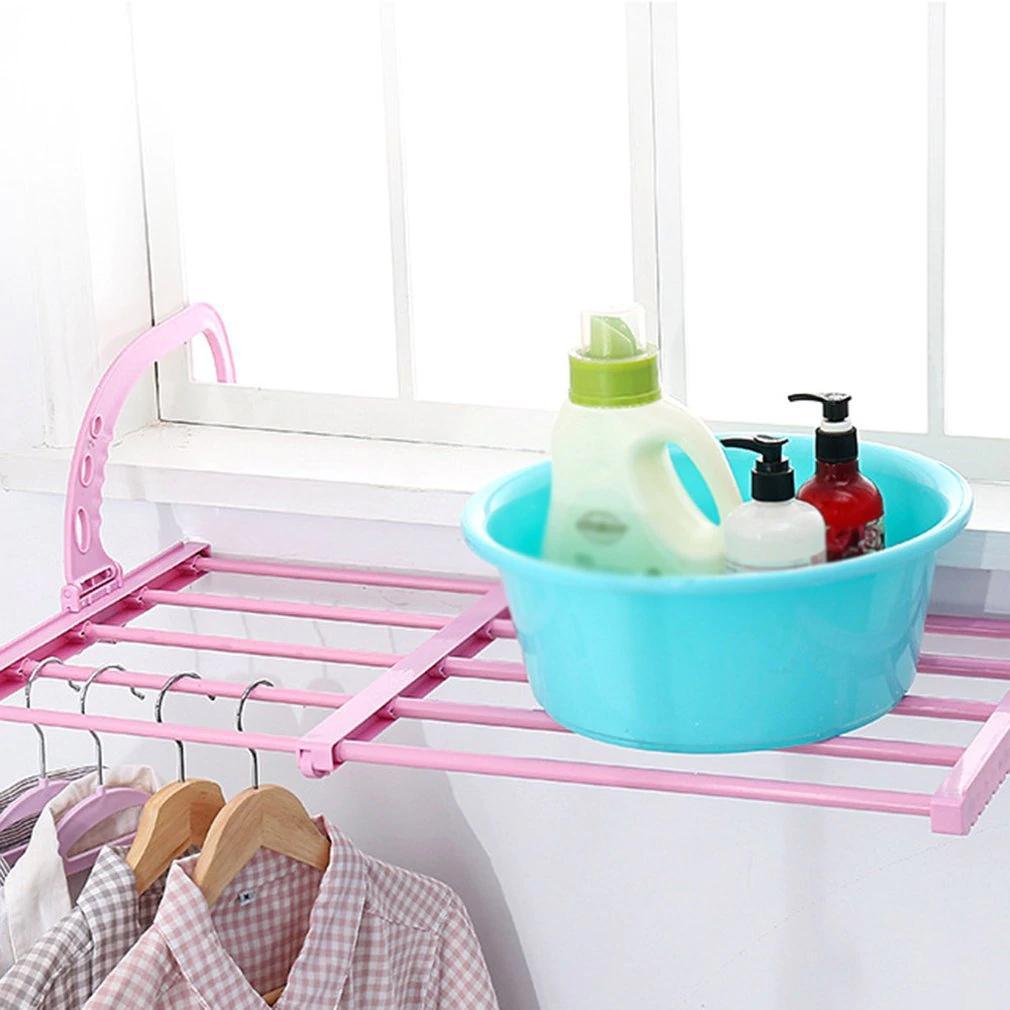705 Multi-function Hanging Window Sill Drying Rack - Abs + Stainless Steel, 35x38-55cm, Pink | Adjustable Hooks, Non-slip Handle, Ultra-durable Design