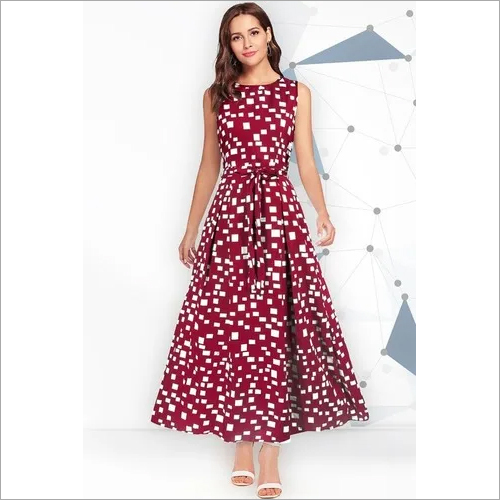 Western Dress - Crepe Fabric, Length 52-53 Inches, Available Sizes S(34) to XL(40), Maroon Color, Cape Sleeve Style, Ethnic Indian Design