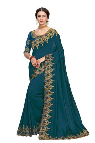 Dark Gree Simple Embroidered Border Satin Saree In Green