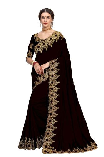Designer Simple Embroidered Border Satin Saree In Black