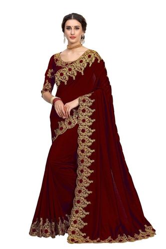 Brown Simple Embroidered Border Satin Saree