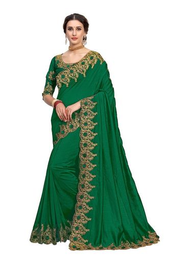 Dark Green Simple Embroidered Border Satin Saree