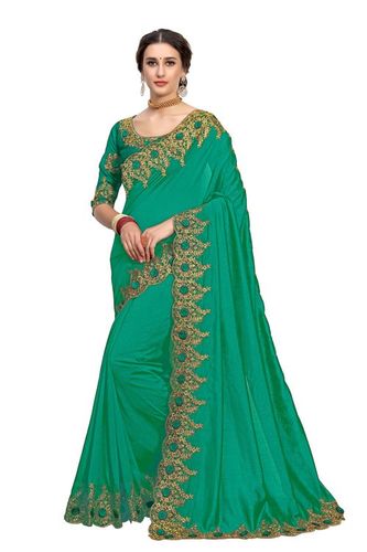Green Simple Embroidered Border Satin Saree