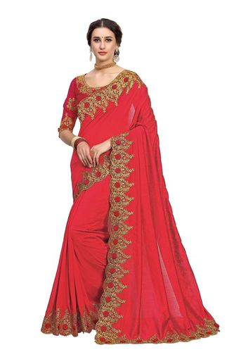 Red Simple Embroidered Border Satin Saree