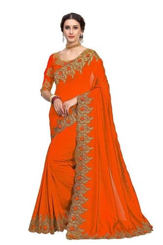 Pretty Rose Butti Satin Saree - 5.5 Mtr Length, Dupion Blouse 0.80 Mtr | Embroidered Lace Border, Perfect for Parties and Weddings