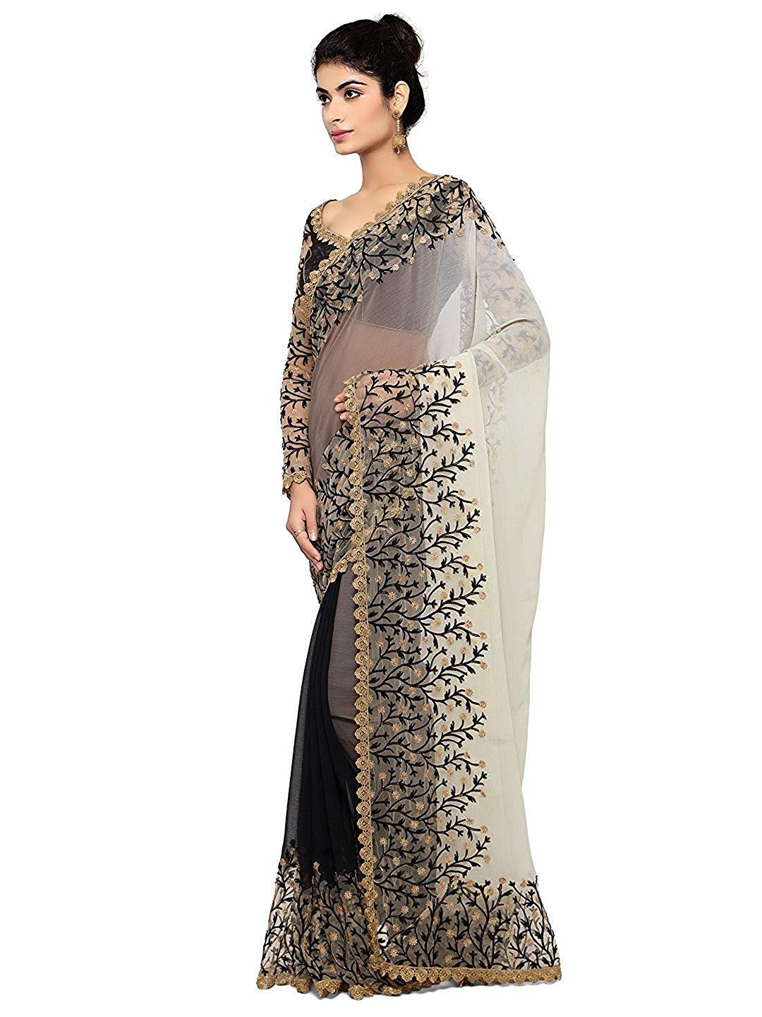 Party Wear Floral Heavy Embroidered Georgette And Net Saree In Black