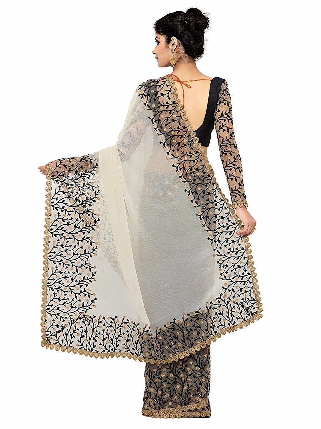 Party Wear Floral Heavy Embroidered Georgette And Net Saree In Black