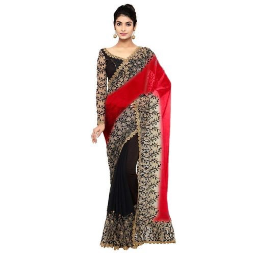 डिजाइनर फ्लोरल हैवी एम्ब्रॉएडर्ड जॉर्जेट और नेट साड़ी लाल और काले रंग में