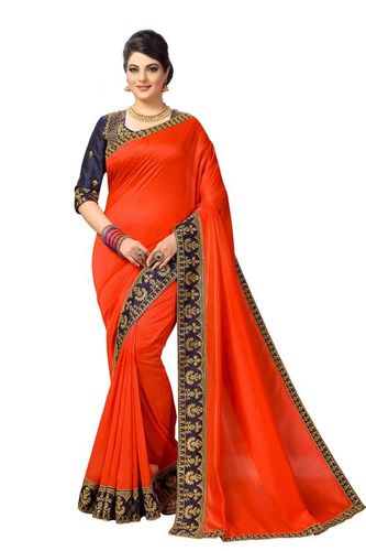 Party Wear Embroidered Lace Border Satin Saree In Orange