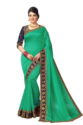 Embroidered Lace Border Satin Saree - Length 5.5 Mtr, Dupion Silk Blouse 0.80 Mtr | Formal Party Wear, Bollywood Style, Stone Work in Elegant Green