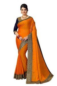 Yellow Embroidered Satin Saree In Mustard