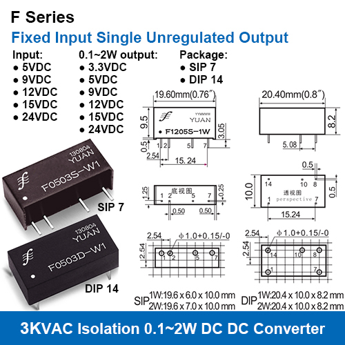 F Series 3Kv Isolation Fixed Input Single Unregulated Output Dc Dc Converters Input: 5