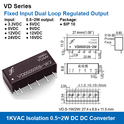 Vd Series 1Kvac Isolation Fixed Input Dual Loop Regulated Output Dc Dc Converters Input: 3.3