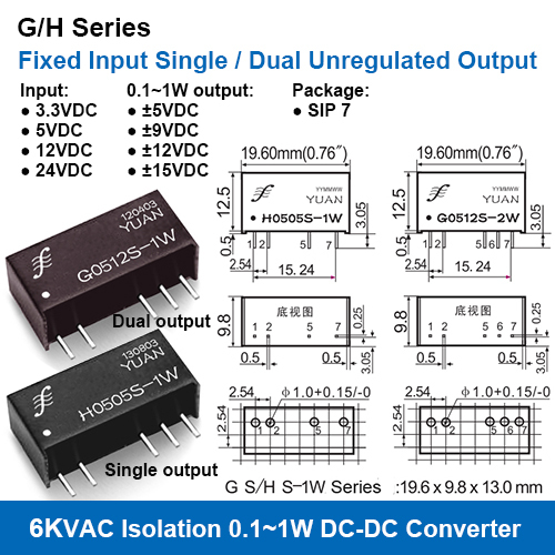 G/H Series 6Kvac Isolation Fixed Input Single/Dual Unregulated Output Dc Dc Converters Input: 3.3