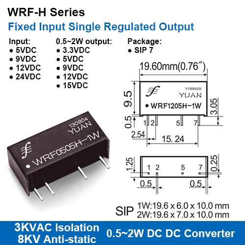 Wrf-H Series 3Kvac Isolation Fixed Input Single Regulated Output Dc-Dc Converters With 8Kv Anti-Static Protection Efficiency: 65%~85%