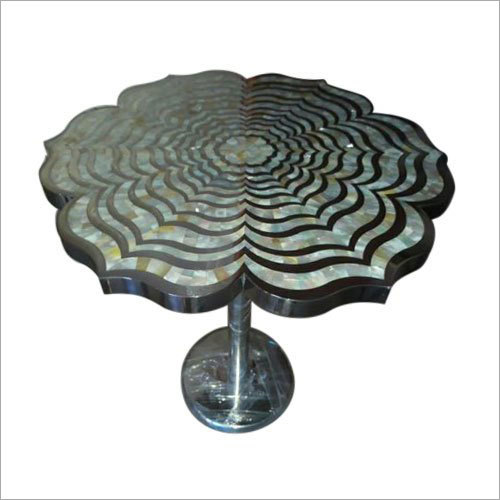 Lotus Mother Of Pearl End Table - 24x24x26 Inch , Handmade Antique Design Featuring Geometric Floral Pattern, Sustainable Steel Leg