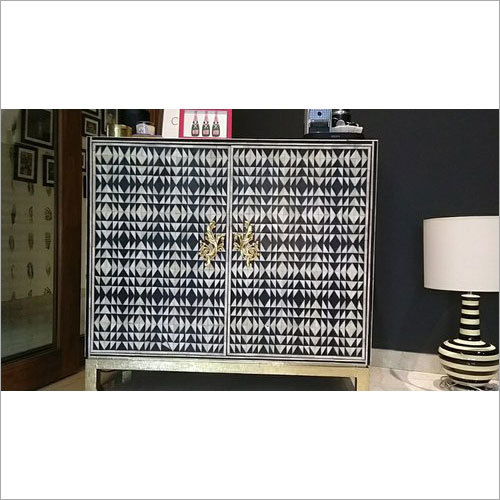 Bone Inlay Chest Of Drawers - Mango Wood Frame, 75x82x47 cm | Antique Black, Handmade Geometric Design, No Assembly Required, Decorative Living Room Furniture