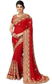 Red Fancy Embroidered Silk Saree Collection