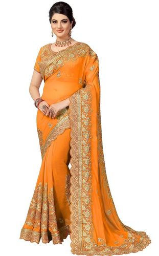 येलो फैंसी एम्ब्रॉएडर्ड सिल्क साड़ी कलेक्शन