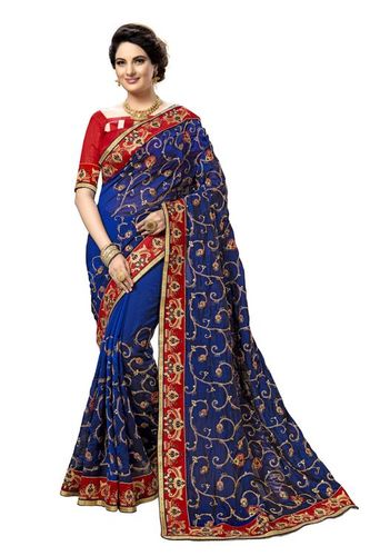 Kalamkari Embroidered Satin Saree - 5.5 Mtr Length with Lace Border Work, Royal Blue Color, Unstitched Brocade Blouse for Festive Occasions