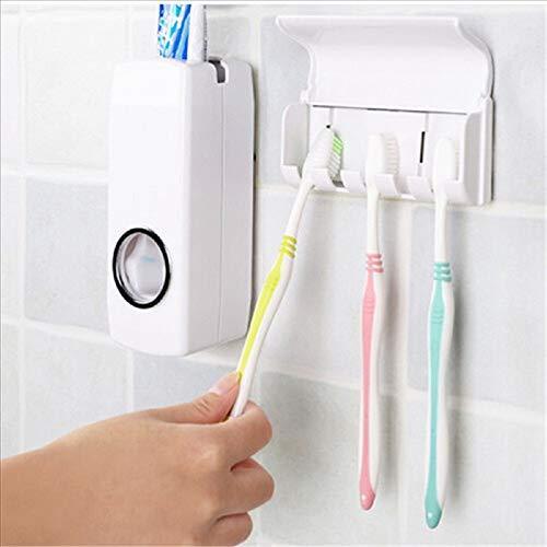 174 Toothpaste Dispenser And Tooth Brush Holder - Plastic Material , White Color | Automatic Touch Functionality, Easy Wall-Mount Installation, 5-Piece Holder Set
