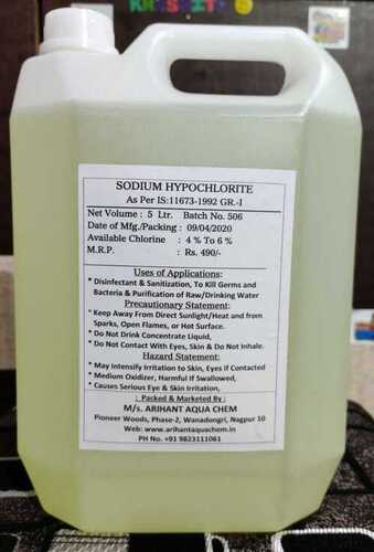 Sodium Hypochlorite - 30-33% Concentration, Pale Yellow Liquid | Strong Disinfectant for Industrial Applications, Water Soluble, Purity 14.50%