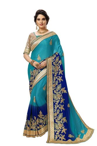 Sky Blue And Navy Blue Ombre Pattern Embroidered Satin Saree