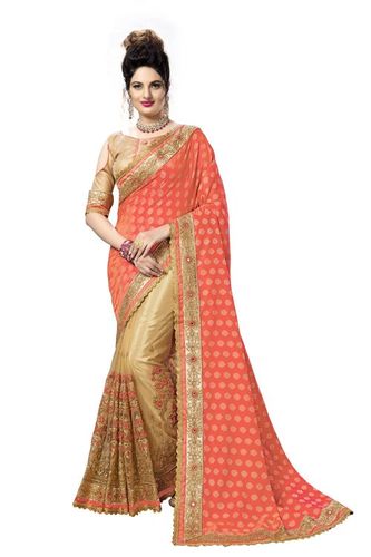 ऑरेंज फैंसी एम्ब्रॉएडर्ड जैक्वार्ड सिल्क साड़ी