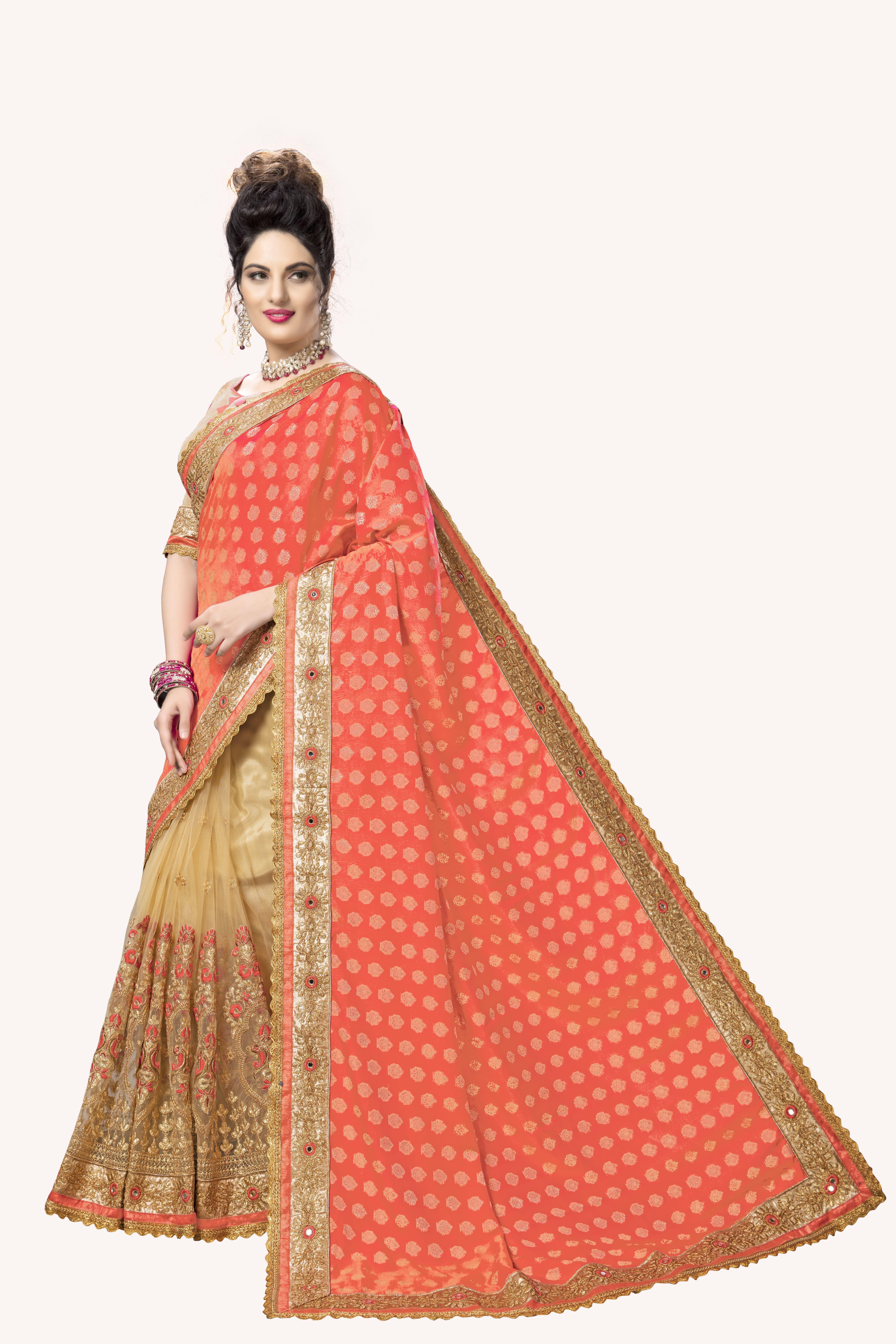 Orange Fancy Embroidered Jacquard Silk Saree