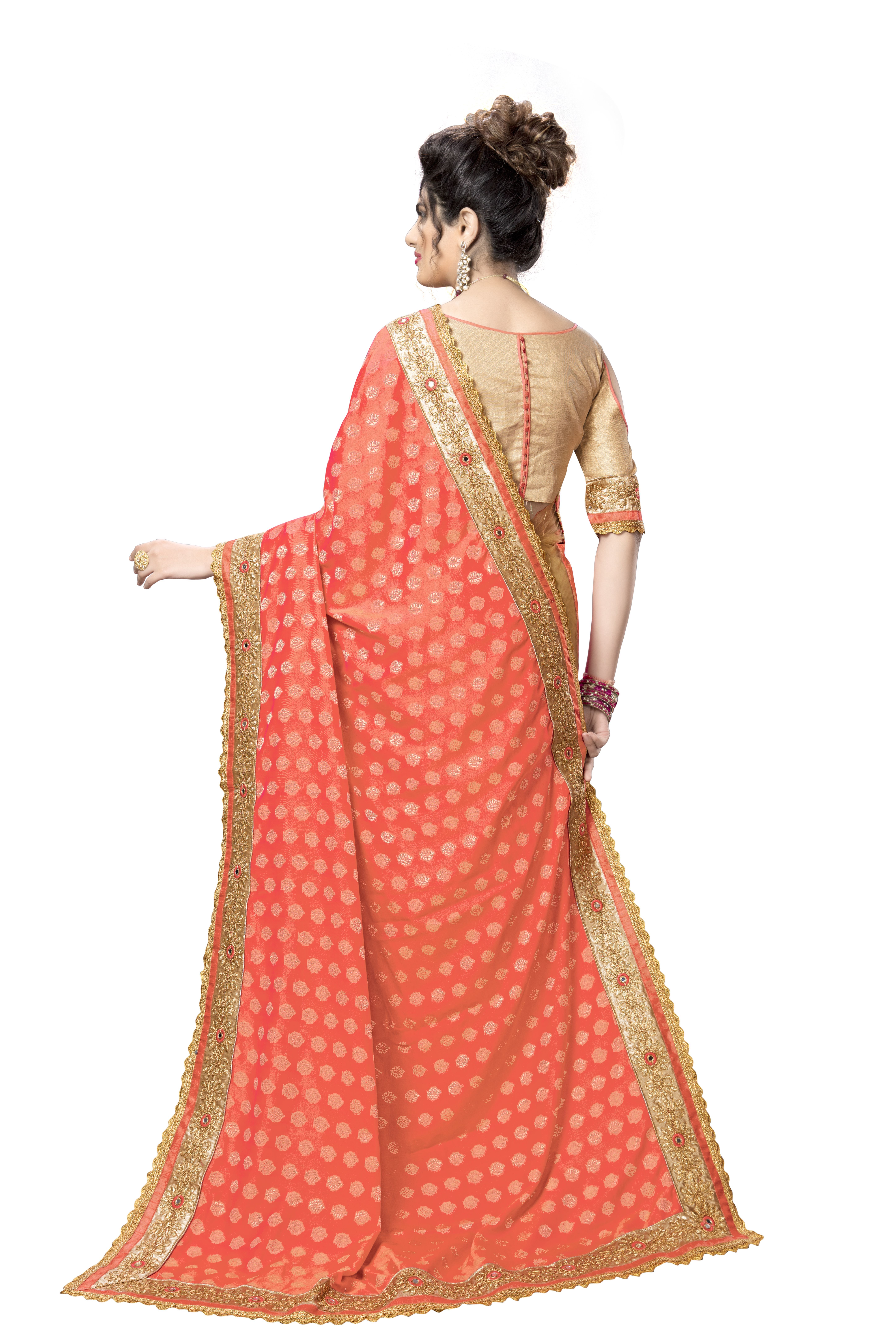 Orange Fancy Embroidered Jacquard Silk Saree