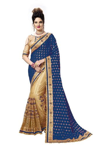 Navy Blue And Cream Fancy Embroidered Jacquard Silk Saree