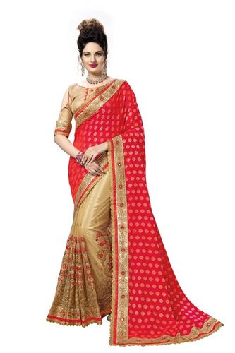 Red And Cream Fancy Embroidered Jacquard Silk Saree
