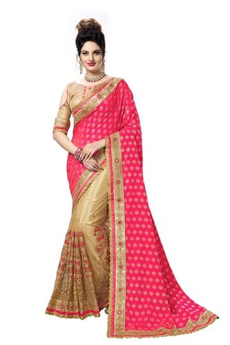 Red And Cream Fancy Embroidered Jacquard Silk Saree