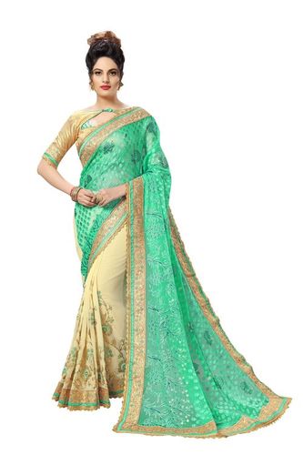 Embroidered Brasso & Georgette Half & Half Saree - 5.5 Mtr Length, Green Color | Party Wear With Peacock Pattern, Laces Closure, Zari Work