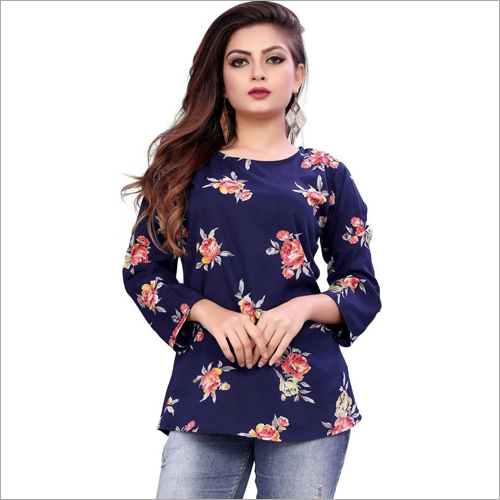 Printed Polyester Crepe Top - Size S, M, L, XL, XXL | Blue Color with Elegant Printed Pattern