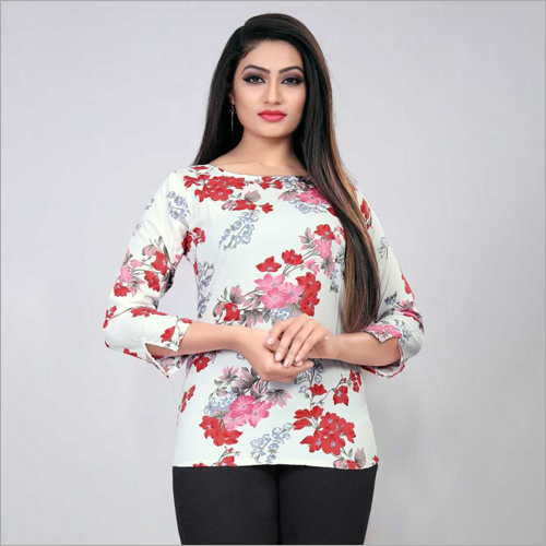 Floral Printed Top - Polyester Fabric, All Season Wear | White Color, Elegant Floral Pattern