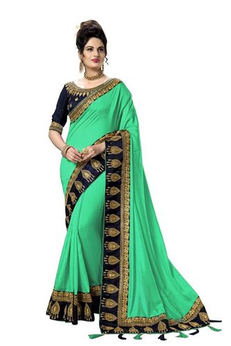 Kalamkari Embroidered Satin Saree - 5.5 Mtr Length, Green Color | Embellished Border, Tassel Pallu, Unstitched Dupion Silk Blouse, Perfect for Festive and Wedding Occasions