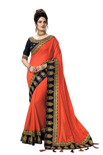Kalamkari Embroidered Satin Saree - 5.5 Mtr Length, Orange with Tassel Border | Unstitched Dupion Silk Blouse, Festive Party Wear, Elegant Resam Lace Work