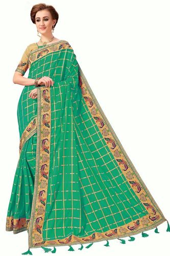 Green Peacock Design Embroidered Bordered Silk Saree