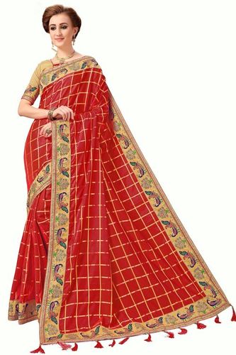 Red Peacock Design Embroidered Bordered Silk Saree