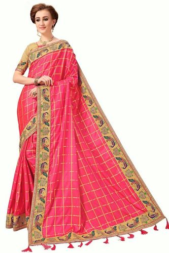 Embroidered Silk Saree - 5.5 mtr Length in Pink with Contrast Tassel Border | Perfect for Festive and Wedding Occasions