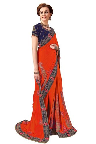 ऑरेंज कलमकारी कढ़ाई डिजाइन सिल्क साड़ी